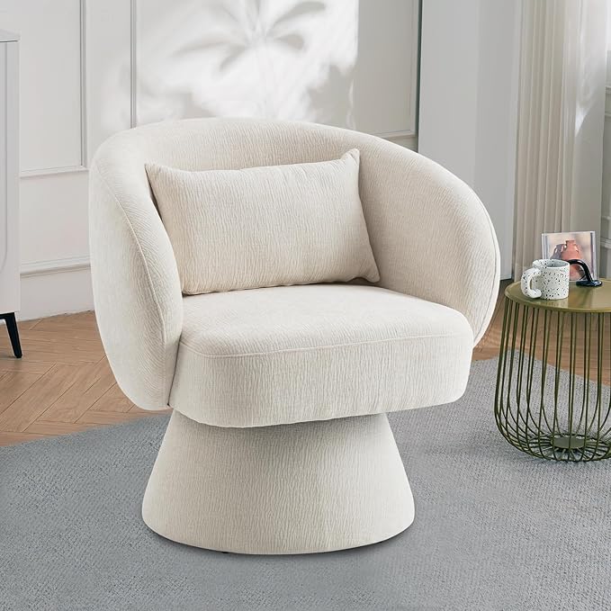 360° Swivel Accent Chair, Modern Velvet Barrel Chair with Pillow, Upholstered Single Sofa for Living Room, Bedroom, Office, Ivory