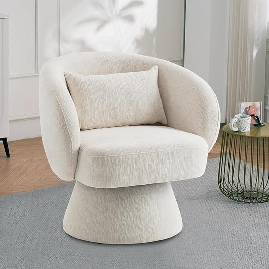 360° Swivel Accent Chair, Modern Velvet Barrel Chair with Pillow, Upholstered Single Sofa for Living Room, Bedroom, Office, Ivory