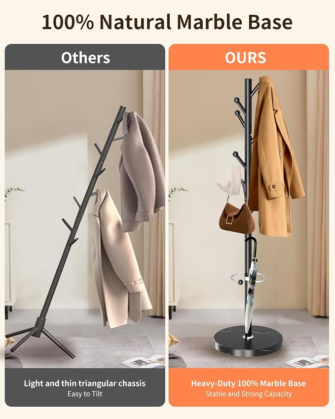 ZOZOE Metal Coat Rack Stand, Modern Coat Rack Freestanding with Natural Marble Base, Sturdy Industrial Coat Racks with 8 Hooks & Umbrella Holder,Black Coat Tree Hanger Stand for Entryway,Office - Image 3