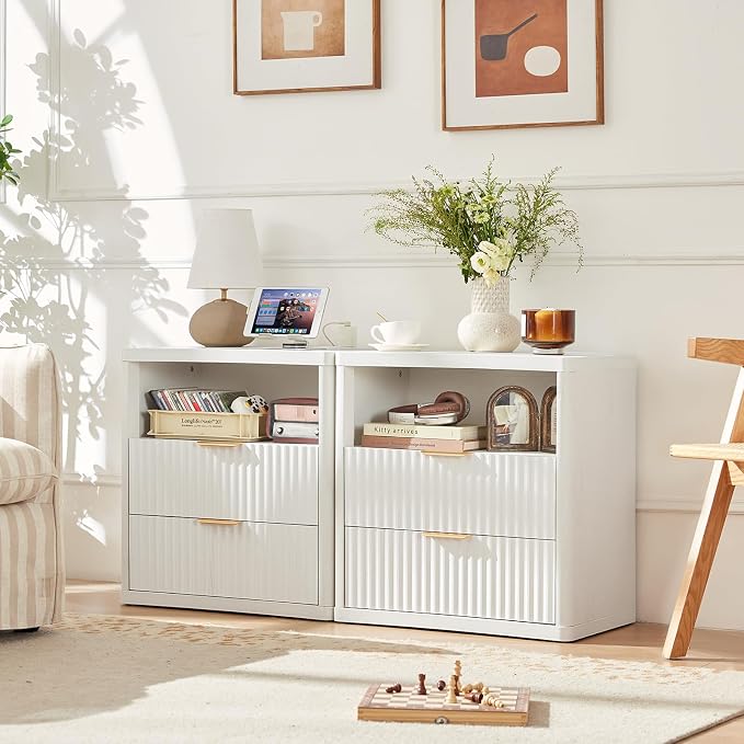 LEYAOYAO Fluted Nightstand Set of 2 with Charging Station, 23" Wide 2 Drawers End Table,Antique White Dresser for Bedroom,Bed Side Table Chest of Drawers Cabinet,Wood Night Stand for Living Room - Image 4