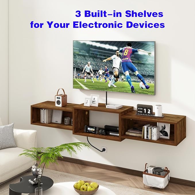 IBUYKE Floating TV Stand Wall Mounted with Power Outlet,Wood Wall Mounted Media Console Shelf,Floating Entertainment Center for Under TV Storage for Living Room Bedroom Office,Rustic Brown WST001H - Image 2
