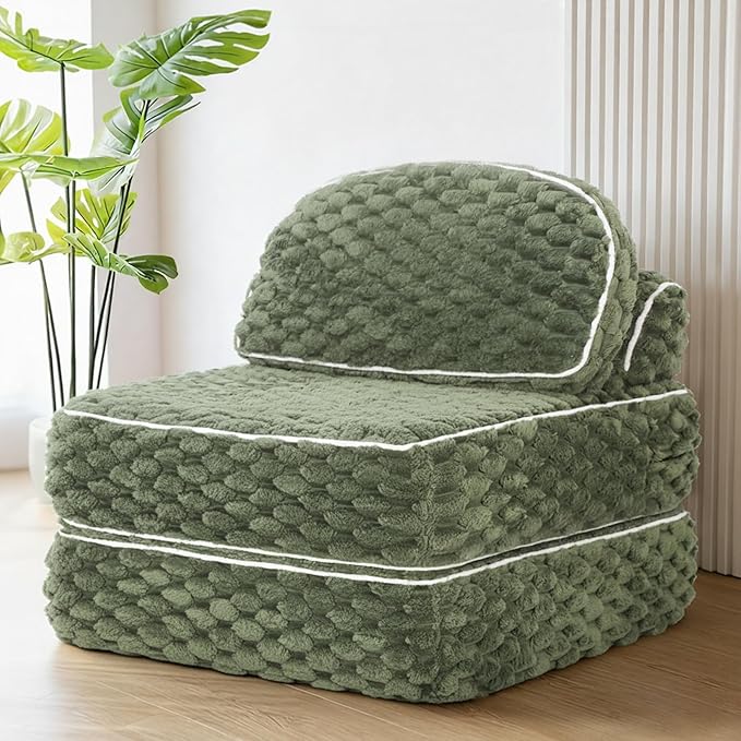COLAMY Folding Sofa Bed, 3-in-1 Convertible Sleeper Chairs with Pillow,Back Support, Fuzzy Fabric Floor Couch Bed for Adults, Boneless Couches Living Room, Bedroom, Apartment, Green