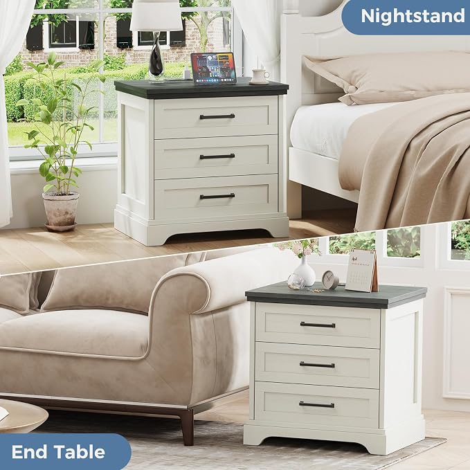 DUMOS Nightstand with Charging Station, Woode Farmhouse Bedside Table with 3 Drawers, Wood End Table, Modern Side Table for Bedroom, White - Image 3