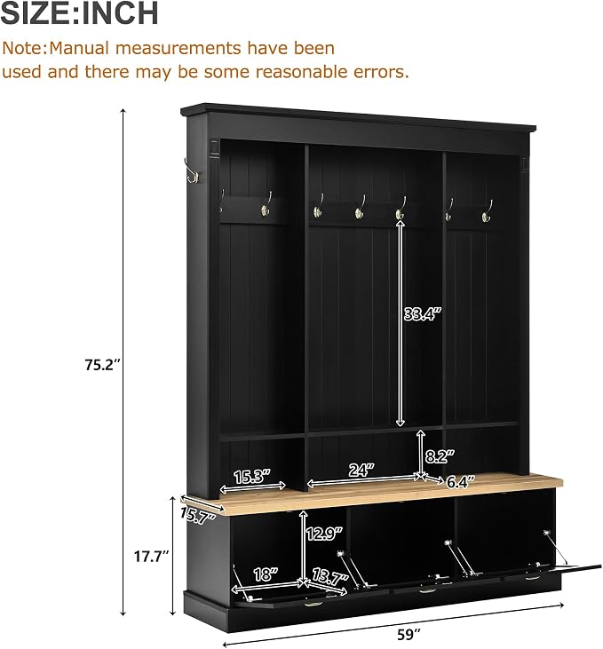 LUMISOL Hall Tree with Storage Bench, Entryway Coat Rack with LED Light and 3 Large Cabinets, Entryway Bench with Shelves and 9 Hooks, for Entrance Mudroom Living Room, Black - Image 2