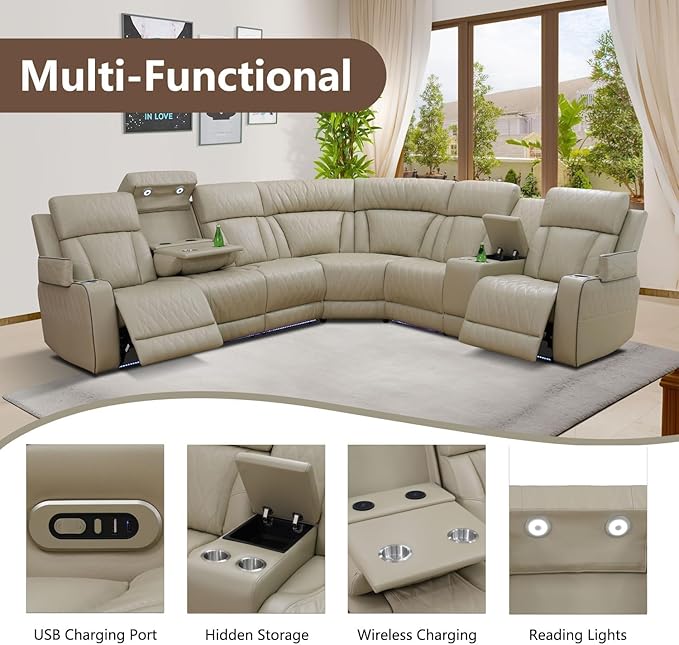 Modern Power Reclining L-Shaped Sectional, Luxury Home Theater Seating with LED Ambient Lighting, Hidden Storage & Charging Ports, Ergonomic Modular Recliner Sofa for Living Room, Beige