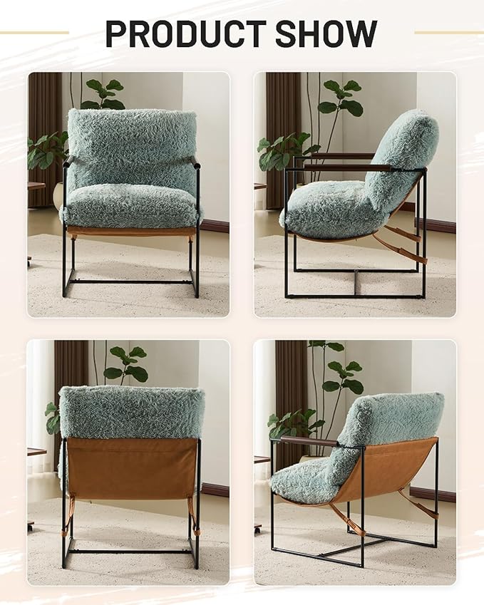 Karl home Modern Accent Chair Plush Fleece Upholstered Living Room Chair with Metal Frame Wooden Armrest Comfy Lounge Armchair for Living Room, Bedroom, Balcony, Reading Room, Teal