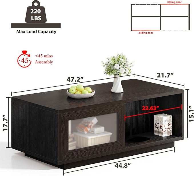 HSH Black Coffee Table, Modern Low Coffee Table for Living Room, Rectangle Coffee Tables with Sliding Door, Large Wood Center Tables with Storage Open Shelf, 47 Inch