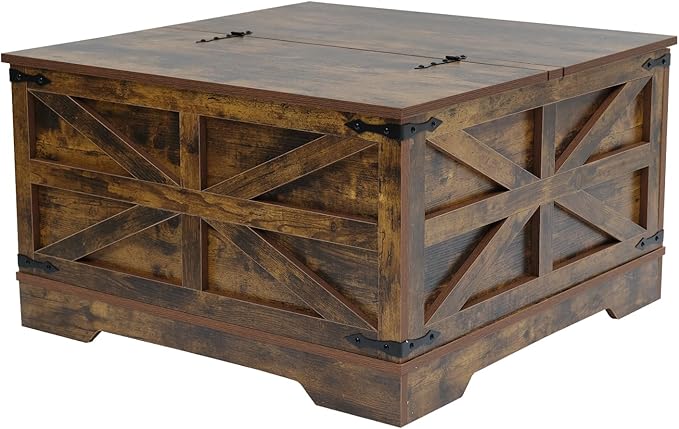 Brown Coffee Table with Storage, Cocktail Table with Hinged Lift Top, Farmhouse Square Wood Center Table with Large Hidden Storage Compartment for Living Room, Square Coffee Table, Metal Edges Decor