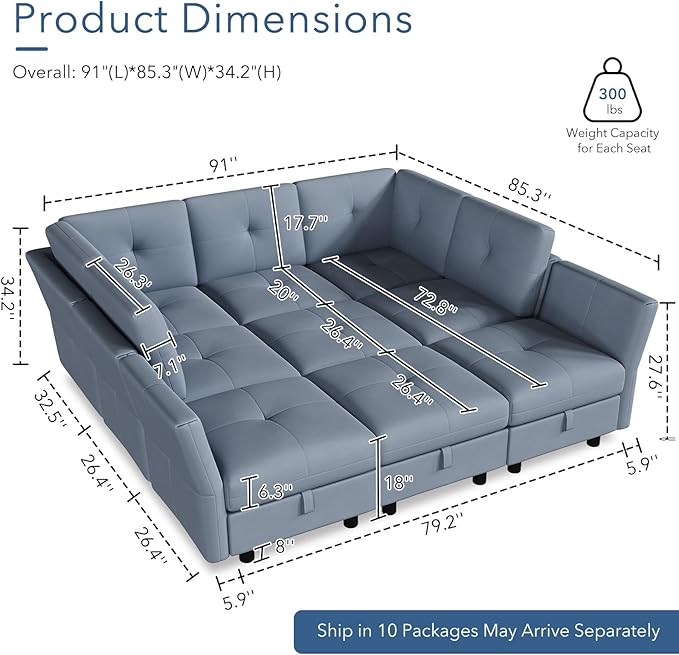 IDEALHOUSE Modular Sectional Sofa, 9 Seat with Storage & Convertible Ottomans, U-Shaped Velvet Couch High Support Design, Modern Living Room Sofa Bed, Blue