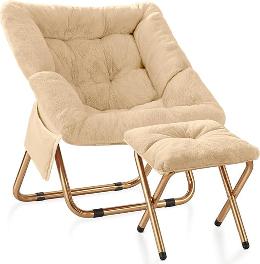 Kasunpul Comfy Saucer Chair, Foldable Living Room Chairs, Soft Faux Fur Lounge Chair for Bedroom, Reading Chairs for Adults, Teens, X-Large (Beige)