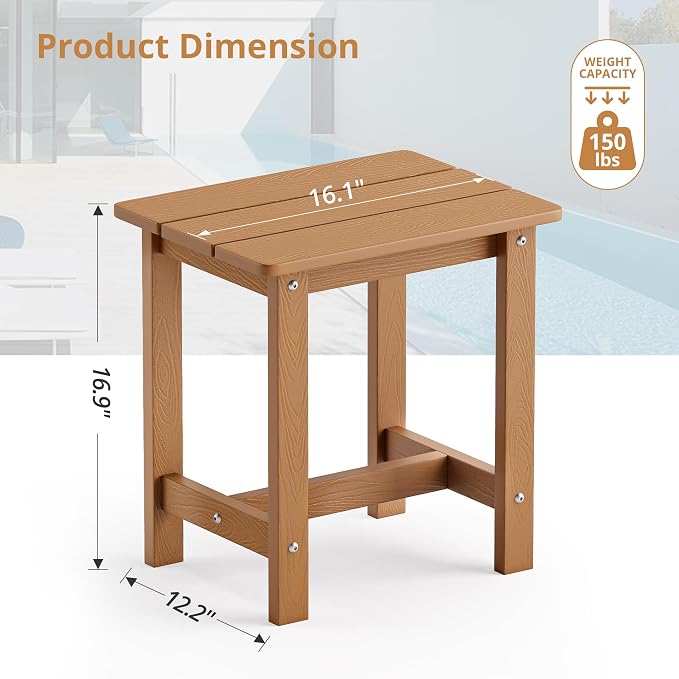 LUE BONA Outdoor Side Table Set of 2, HDPS Small Outdoor Adirondack Side Tables, Outside End Table for Patio, Porch, Deck, Pool, Weather Resistant/Easy Maintenance, Teak Color - Image 3