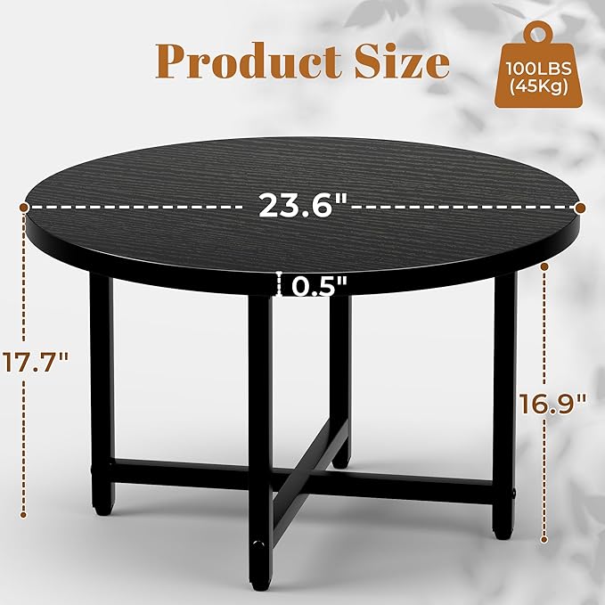 Round Coffee Table, Small Coffee Tables for Living Room, Black Coffee Table with Metal Frame, Floor Table Desk for Sitting on The Floor, Home, Office, Farmhouse, Black (23.6" D x 17.7" H)