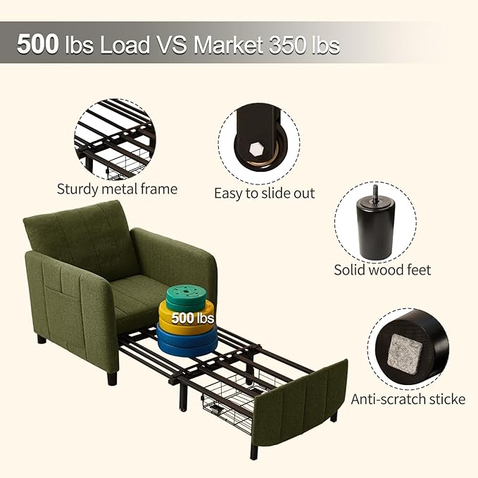 ZZW Sleeper Chair 84" Extra Long Convertible Chair Bed Upgraded 3-in-1 to 4-in-1 Pull Out Chair & Single Sofa Bed for Adult Sleeping Chair for Living Room Small Space (Modern Green)