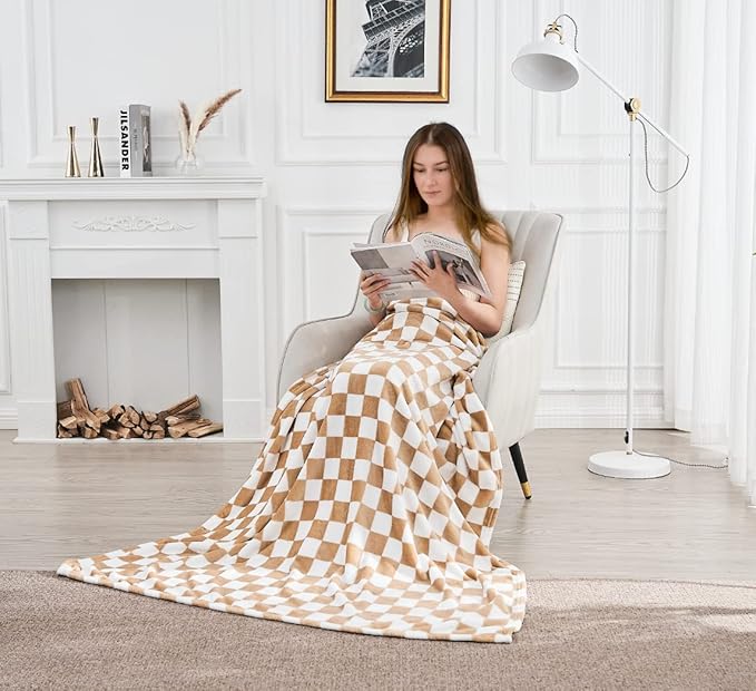 Edenleaf Checkered Blanket Flannel Throw Blankets Soft Cozy Checkered Grid Print Chessboard Gingham Pattern Throws for Bed Sofa Couch for All Seasons, 60x80 Inch, Blonde