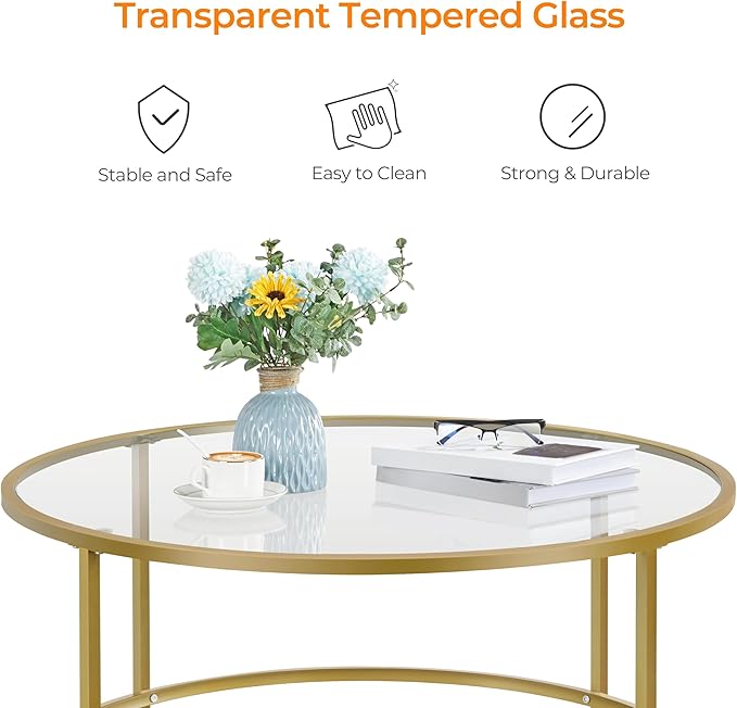 Yaheetech Gold Glass Coffee Table for Living Room, 36" Round Glass Coffee Table with Metal Frame, Circle Coffee Table for Home, Office, Apartment