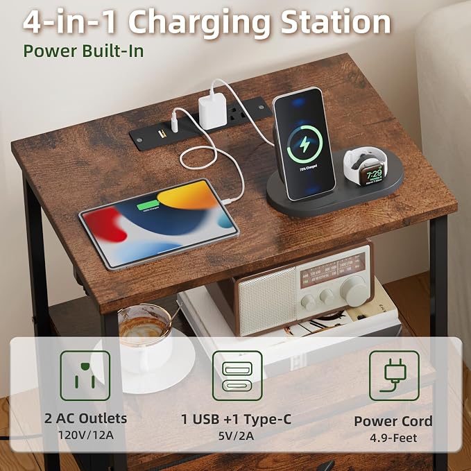 Somdot Tall Nightstand with Charging Station and LED Light for Bedroom, 3 Drawers Dresser with Fabric Bins for Bedside Kids Dorm Room Closet Laundry Entryway, Wood Grain Print - Image 5