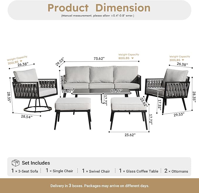 Weaxty Modern Patio Furniture Set 6 Piece, Rope Outdoor Patio Conversation Sets Sectional Sofa Swivel Chairs Table Ottoman, All Weather Metal Balcony Furniture for Backyard Garden, Light Grey