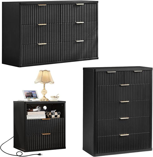 LEYAOYAO Fluted Dressers & Nightstand Set of 3, Wood 48" Wide Dresser & 42" Tall Chest of Drawers,Modern Bedroom Furniture Sets, Black Wooden Nightstand with 2 Drawers & Charging Station