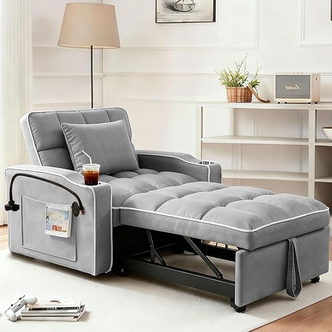 Convertible Sleeper Chair, Pull Out Chair Sleeper with Bracket and Cup Holder, Chairs Bed Sleepers for Adults, 3 in 1 Sofa Bed Chairs for Small Spaces, Living Room, Light Gray