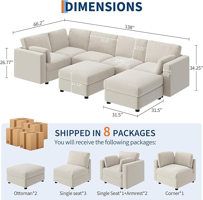 IDEALHOUSE 138" Modular Sectional Sofa, 7 Seater Sectional Couch, U-Shape Modern Sofa with Ottoman, Deep Seat, Oversized Convertible Modular Couch for Living Room Apartment Office, Chenille, Beige