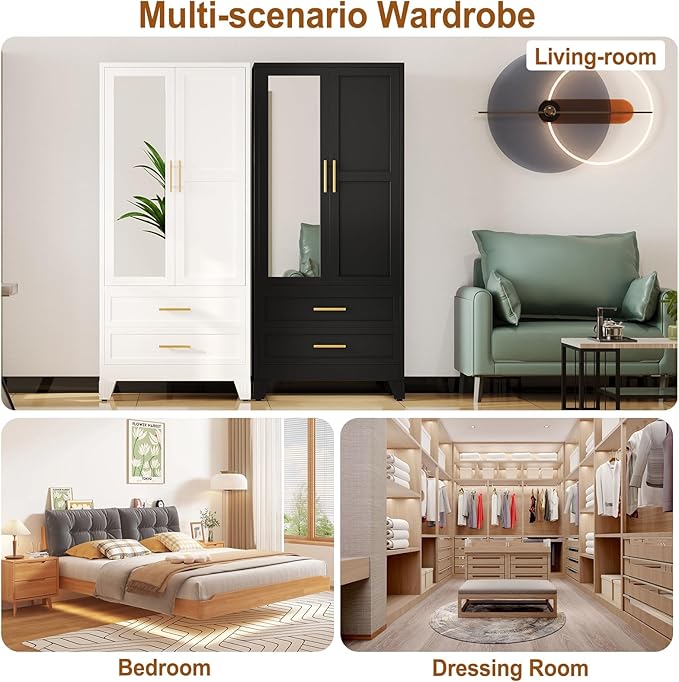 Metal Armoire Wardrobe Closet Storage Cabinet with 2 Doors Black, 71'' Wardrobe with Hanging Rod Metal Closet with Adjustable Shelf and 2 Drawers, Freestanding Storage Cabinet for Bedroom