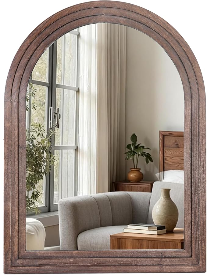 40"x30" Arched Wooden Frame Wall Mirror, Rustic Vanity Wall Mirror for Bathroom, Bedroom, Brown by Unknown