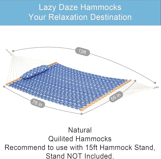 Lazy Daze Hammocks 12FT Quilted Fabric Hammock with Soft Pillow, Double 2 Person Tree Hammock with Spreader Bar for Outdoor Patio Backyard Poolside, 450lbs Weight Capacity, Blue Floral - Image 2