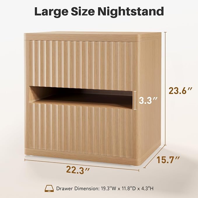 Dripex Fluted Nightstand Set of 2, 22'' Wide Night Stand with 2 Large Drawers, Mid Century Modern Wood Bedside Table with Open Shelf, Large Bed Side End Table for Bedroom, Natural Oak - Image 3