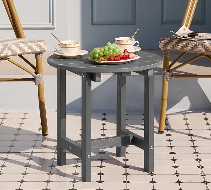 Y&M Outdoor Side Table, Waterproof Four-Legged Round Entryway End Table, Single-Tier HDPE Modern Small Coffee Nightstand for Bedroom, Living Room, Patio, Indoor or Outdoor Use, Dark Gray - Image 2