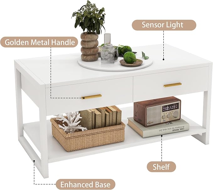 Coffee Table with Sensor Light - Modern Storage Coffee Table with Drawers and Shelf for Living Room, Office, Outdoor