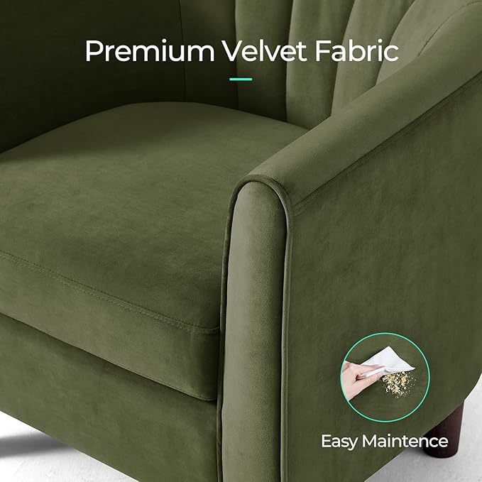 LINSY Accent Chair with Ottoman, Modern Barrel Chair Comfy Armchair Reading Chair with Footrest, Small Round Arms Chair for Living Room Bedroom Reading Room, Velvet, Olive