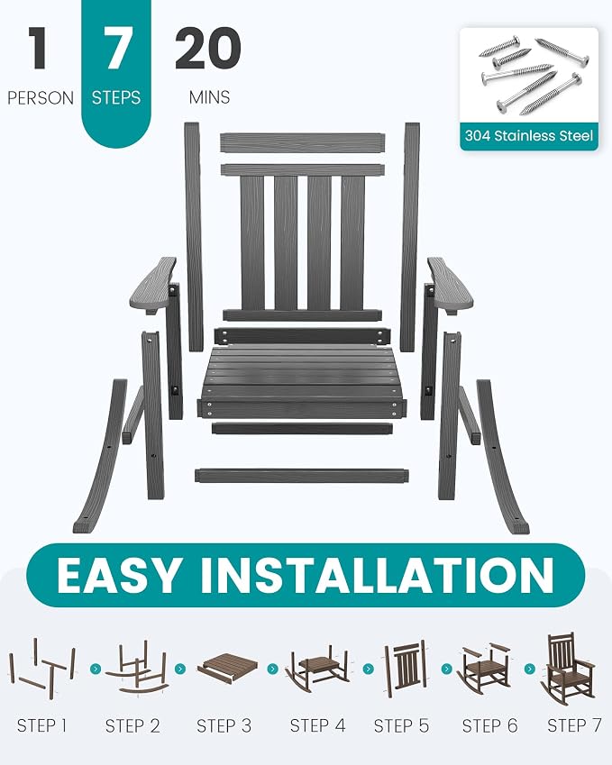 SERWALL HDPE Outdoor Rocking Chair Set of 6, Patio Rocking Chairs for Adults, All Weather Outdoor Rockers for Lawn, Grey - Image 7