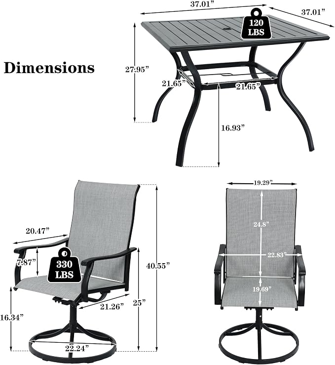 NOBLEMOOD 5-Piece Outdoor Dining Table & Chair Set, Outdoor Dining Set with 4 Textilene Swivel Chairs, Patio Metal Square Dining Table Set for Outside, Garden, Backyard - Image 6