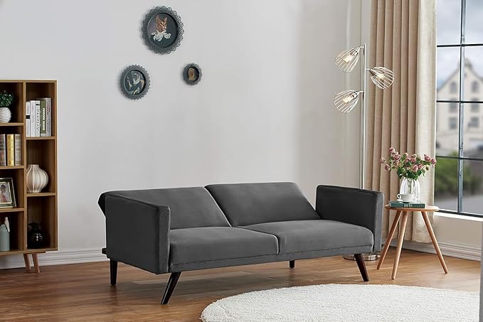 72" Retro Velvet Sofa Bed - Vintage Modern Convertible Futon w/Reclining Backrest - Velvet Upholstery on Solid Wood Frame (72" L x 34.6" W x 30.23" H), Grey