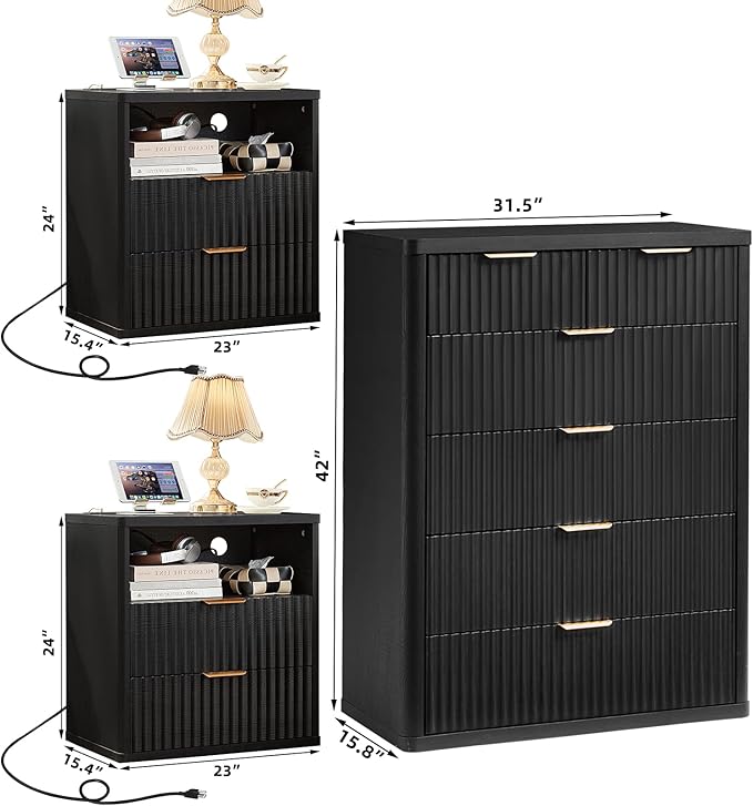 LEYAOYAO 42" Tall Fluted Dresser and 2 Drawers 23" Nightstand Set of 2, Wooden Dresser & Night Stand with Charging Station, 3 Piece Bedroom Furniture Set, Wood Chest of Drawer for Living Room,Black