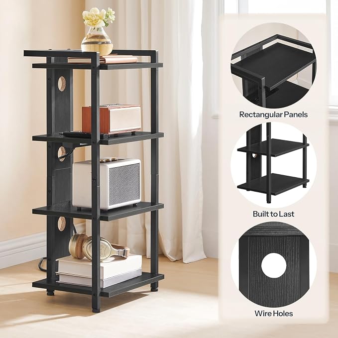 HOOBRO 4-Tier AV Media Stand with Charging Station and LED Light, Wooden Stereo Stand, Rack Audio Tower, Corner TV Stand, Entertainment Device, Black BB38UDCJ01 - Image 7
