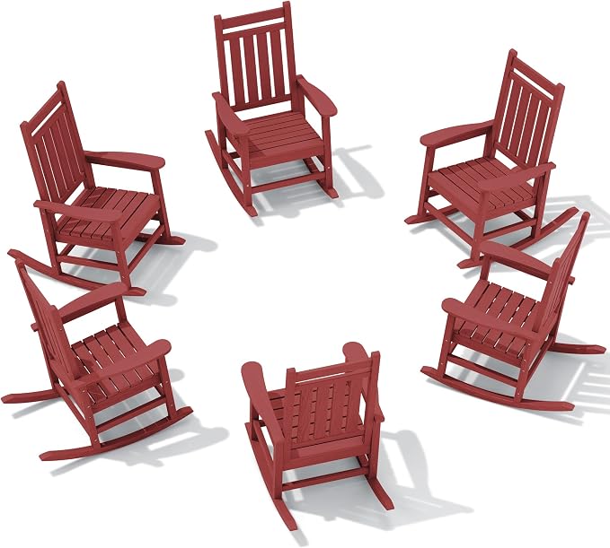 SERWALL HDPE Outdoor Rocking Chair Set of 6, Patio Rocking Chairs for Adults, All Weather Outdoor Rockers for Lawn, Crimson Red by SERWALL