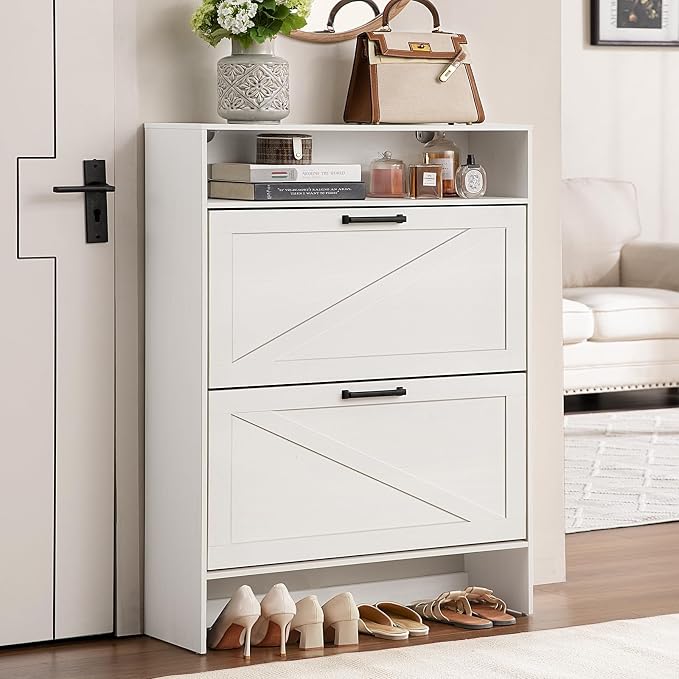 RWYHG Shoe Cabinet Storage for Entryway with 2 Flip Drawers Open Storage Layer Rack Narrow Organizer Slim Hidden Wood Shoe Cabinet Furniture White - Image 8