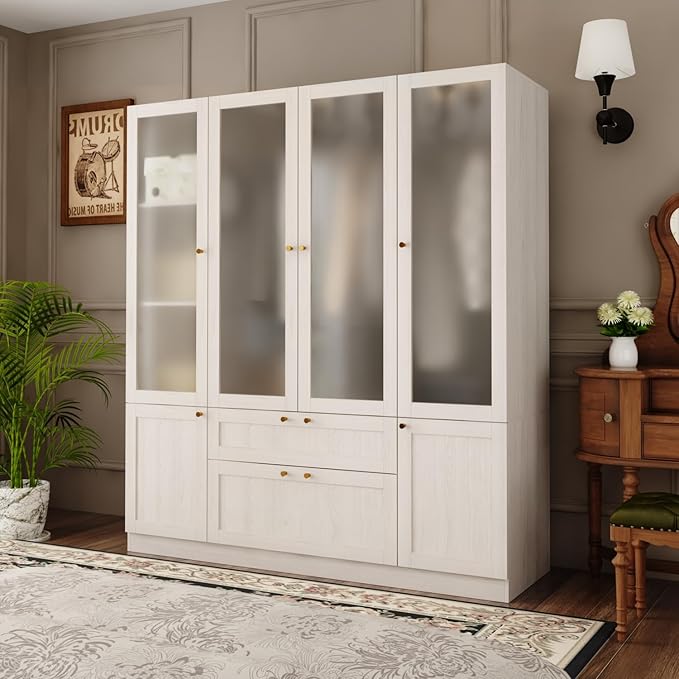 4 Door Wardrobe Armoire Closet with Hanging Rods & 2 Drawers, Bedroom Armoire with Frosted Glass Doors, Clothes Wardrobe with Gold Knob, Wood Grain, 19.7”D x 63”W x 70.9”H