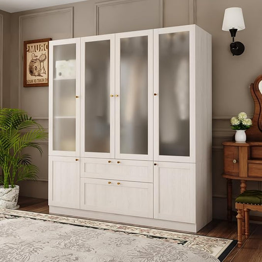 4 Door Wardrobe Armoire Closet with Hanging Rods & 2 Drawers, Bedroom Armoire with Frosted Glass Doors, Clothes Wardrobe with Gold Knob, Wood Grain, 19.7”D x 63”W x 70.9”H