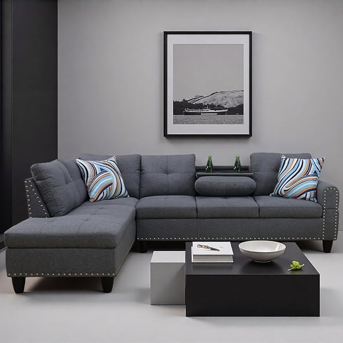 L Shape Sectional Couch with Chaise, 97.5 Inch Modular Sofa with Cup Holders, Sectional Couches for Living Room, Ergonomic Reclined Backrest, for Office and Small Apartment, Grey