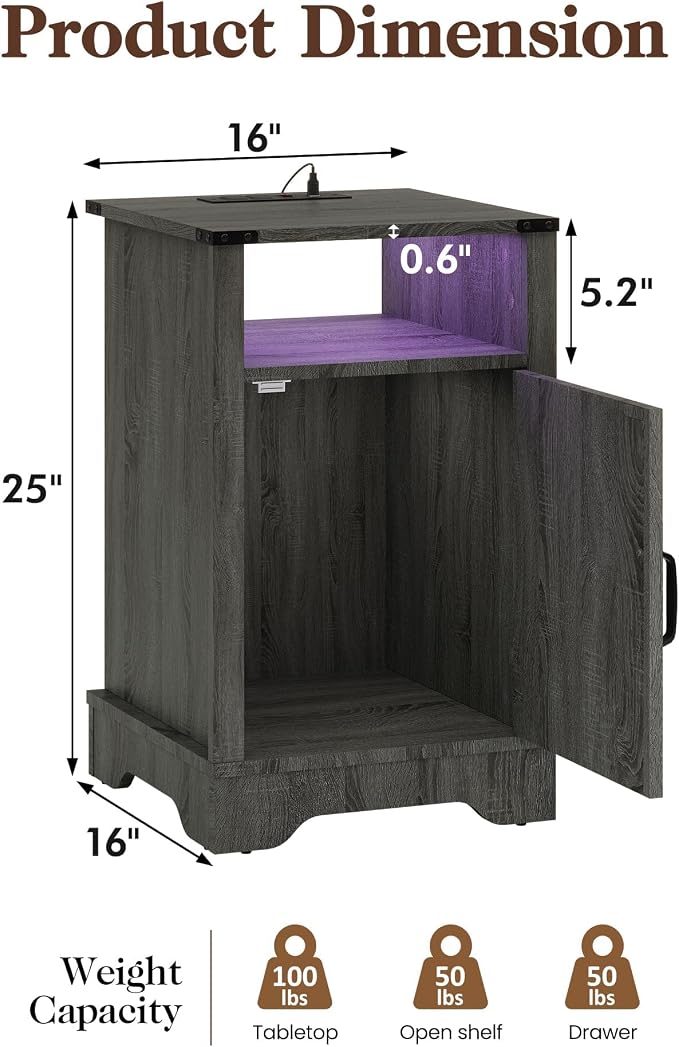 RoyalCraft 25" Tall Nightstands Set of 2, Farmhouse LED Nightstand with Charging Station, Wood End Table with Storage, Bedside Table for Bedroom, Dark Grey - Image 2