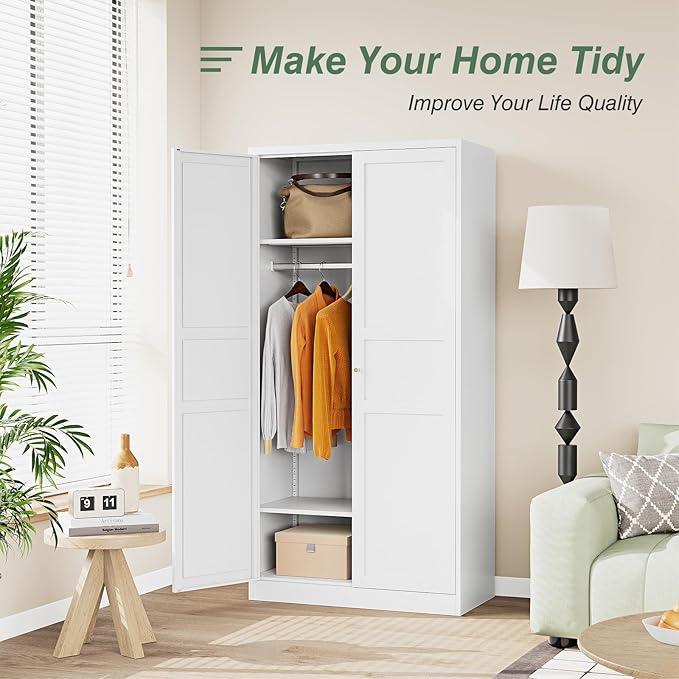 Metal Armoire Wardrobe Closet Cabinet,White Armoire Wardrobe Closets Storage Cabinets with Doors and Adjustable Shelves for Laundry Room,Bedroom,Bathroom