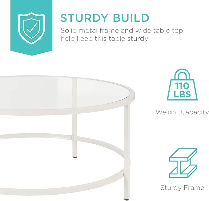 Best Choice Products 36in Modern Round Tempered Glass Accent Side Coffee Table for Living Room, Dining Room, Tea, Home Décor w/Metal Frame, Non-Marring Foot Caps - White