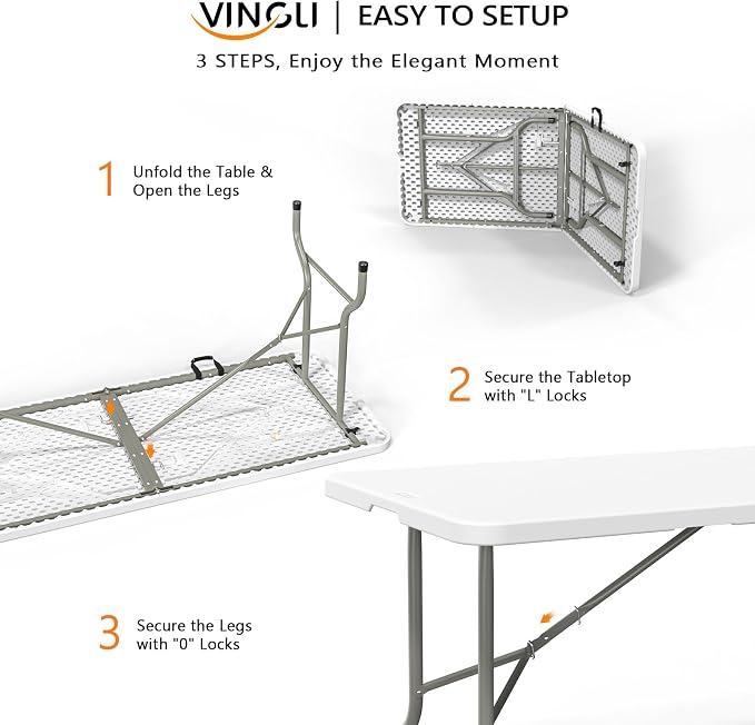 VINGLI 8 Foot Plastic Folding Table Portable Long Table for Indoor Outdoor Use Rectangular with Carrying Handle，White - Image 5