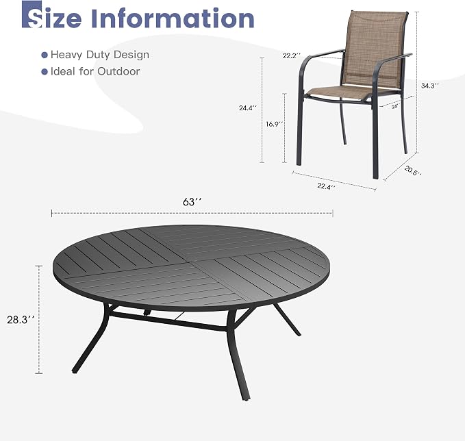 VICLLAX 11 Pieces Round Patio Dining Set, Patio Furniture Set of 10 Patio Stackable Dining Chairs and 63" Outdoor Spliced Tabletop with Umbrella Hole, Brown Chairs and Black Table - Image 7