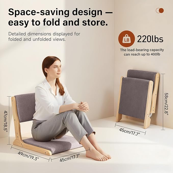 Tiita Tatami Foldable Meditation Floor Chair, Folding Floor Chairs Seat, Portable Japanese Legless Chair, Lazy Sofa for Bay Window Reading, Back Rest Chairs with Cushion, Wood Grey