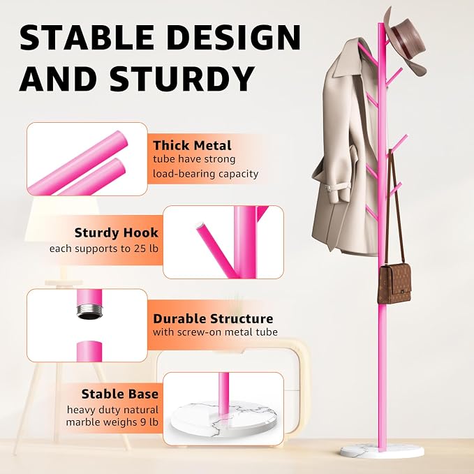 HzTinT Coat Rack with Natural Marble Base, Metal Freestanding Coat Rack with 8 Hooks, 3 Adjustable Size Sturdy Coat Tree for Bags, Coats, and Hats for Entryway, Hallway, Bedroom, Office, Pink - Image 5