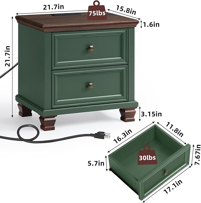 SAVOR LIFE Farmhouse Nightstand with Charging Station, Rustic Low Night Stand with 2 Drawers, Mid-century Modern End Table with 4 Square Solid Wood Legs, Small Vintage Dresser for Bedroom, Home, Green - Image 2