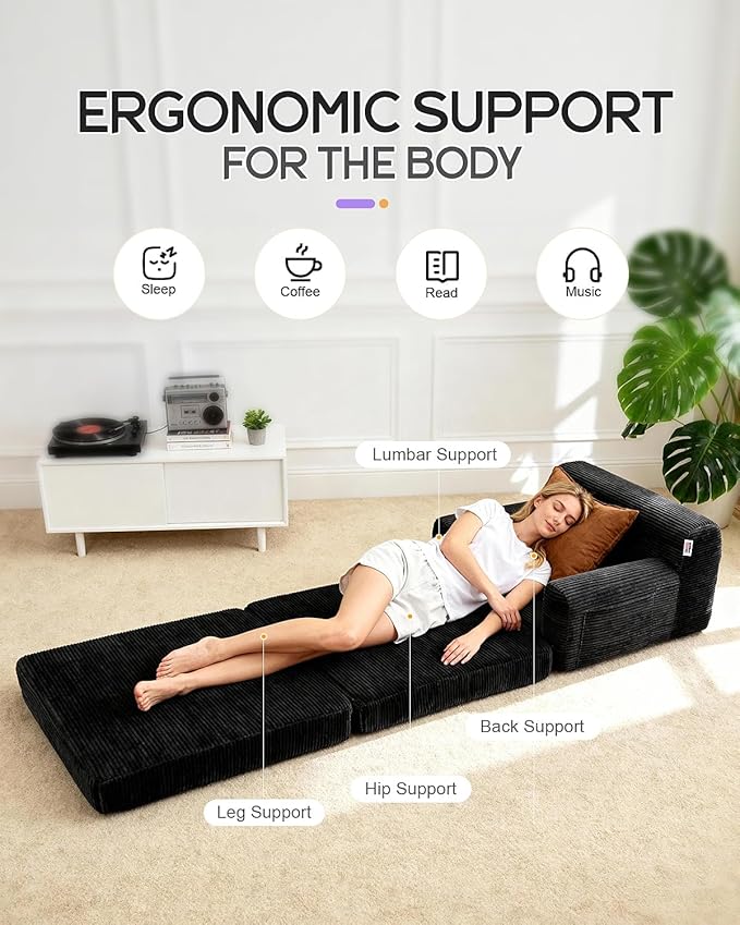 Boneless Couch Sofa Bed, Convertible Sleeper Chair with One-Piece High-Density Foam (No Lumps), Foldable Floor Mattress for Adults Guest Gaming, Non-Slip, Side Pockets, 84"x35", No Assembly